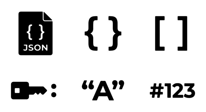 Minimalist JSON and programming data format icons, software developer coding vector set