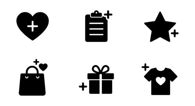 E-commerce wishlist icons set, black solid shopping vector symbols, add to favorites buttons