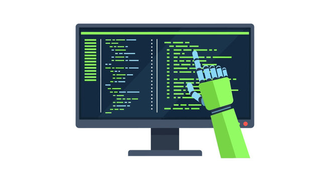 AI Robot Hand Programming on Computer Monitor, Automated Software Development Concept Vector Illustration