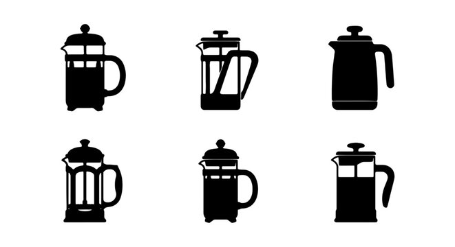 French press coffee maker icon set, black silhouette vector illustration of 6 cafetiere symbols