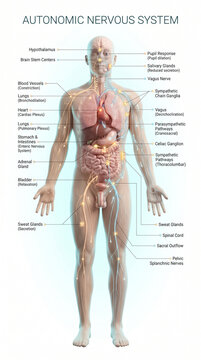 Detailed medical illustration showing the human autonomic nervous system with labeled internal organs and nerve pathways in a white background