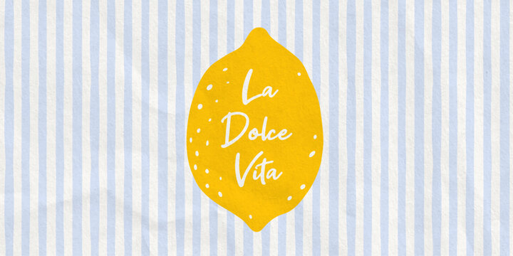 Italian summer poster with lemon on irregular striped background. Hand drawn lines seamless pattern. La Dolce Vita background with paper texture. Vector illustration art