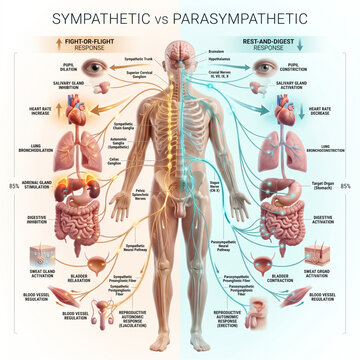 Detailed medical illustration showing the physiological differences between the sympathetic and parasympathetic nervous system pathways in the human body anatomy