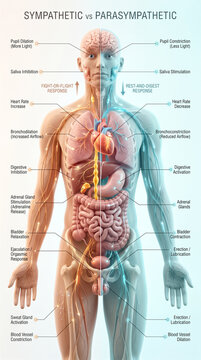 Detailed medical illustration showing the physiological differences between the sympathetic and parasympathetic nervous systems within a human body anatomy chart
