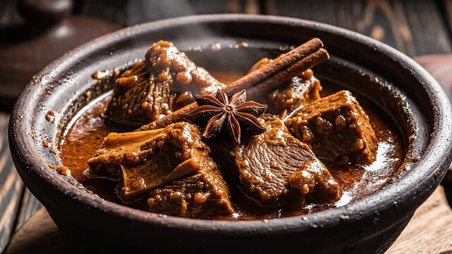 Simmering Beef Rendang in Traditional Clay Pot with Aromatic Spices on Dark Wooden Surface