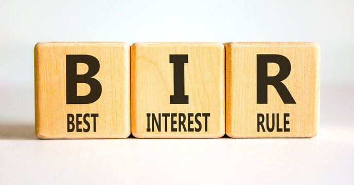 BIR best interest rule symbol. Concept words BIR best interest rule on beautiful wooden blocks. Beautiful white background. Business BIR best interest rule concept. Copy space.