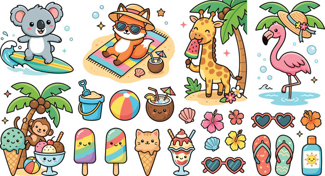 Cute Summer Animal Sticker Collection with Tropical Beach Elements Cartoon Kawaii Clipart Set for Kids, Vacation, Ice Cream and Holiday Design