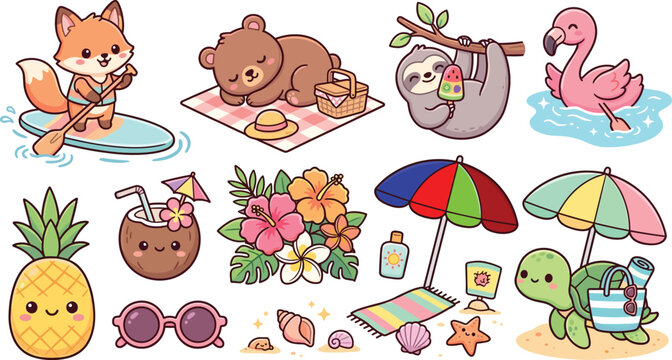 Cute Summer Beach Animals and Tropical Accessories Kawaii Sticker Collection Vector Set