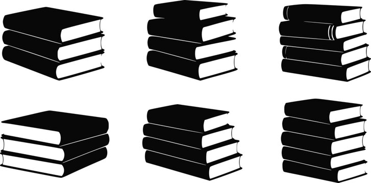 Set of black book stacks in different angles and perspectives isolated on white background, Vector