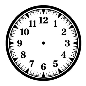 Vintage clock face template with numbers, blank watch dial vector illustration, retro time icon