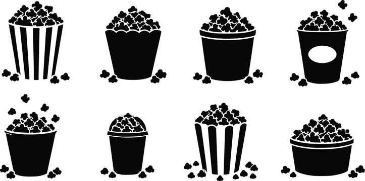Set of black popcorn buckets and containers for cinema and movie snacks isolated on white background, Vector