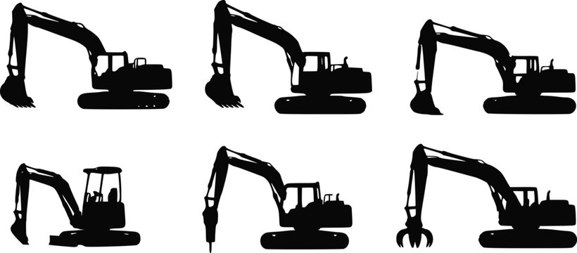 Set of black excavator silhouettes for construction and industrial work projects isolated on white background, Vector