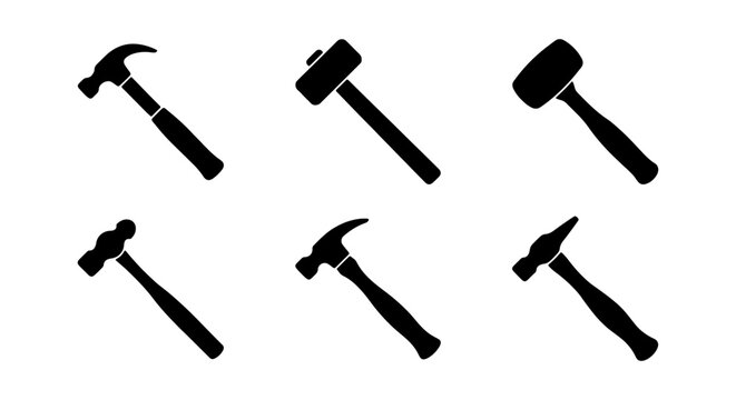 Hammer silhouette icons set, construction hand tools vector collection, carpentry hardware