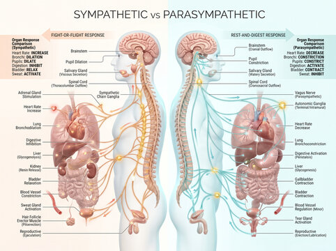 Detailed medical infographic comparing sympathetic and parasympathetic nervous systems through anatomical human body profiles with labeled organs and neural pathways