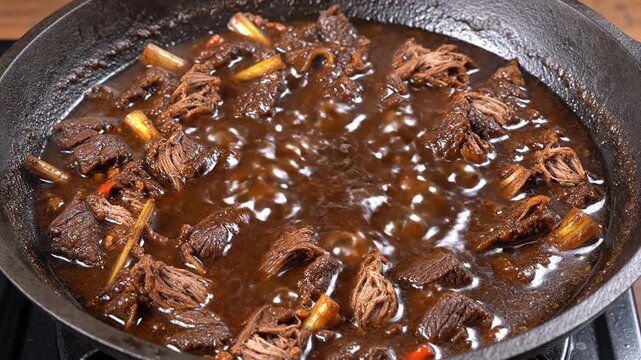 Static Overhead Shot of Indonesian Beef Rendang Simmering in a Heavy Pan with Rich Flavors and Aromatic Spices in a Culinary Setting