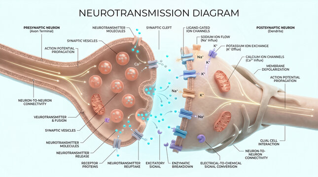 Detailed scientific diagram illustrating the complex process of synaptic neurotransmission between two neurons with labeled ion channels and chemical molecules