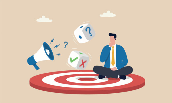Business to win business,red big bullseye target risk, randomness or luck, advice or suggestion concept, businessman meditate on rolling dice think of result of right, wrong or question mark