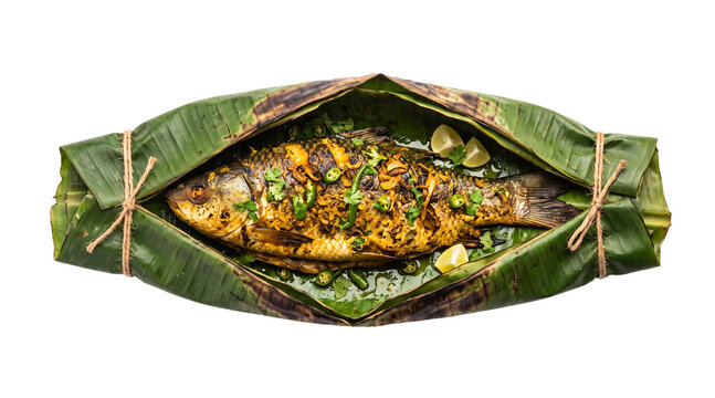 Traditional Indian banana leaf roasted rohu fish marinated in rich spices, steamed to perfection and garnished with fresh green chilies, coriander leaves, and lime slices