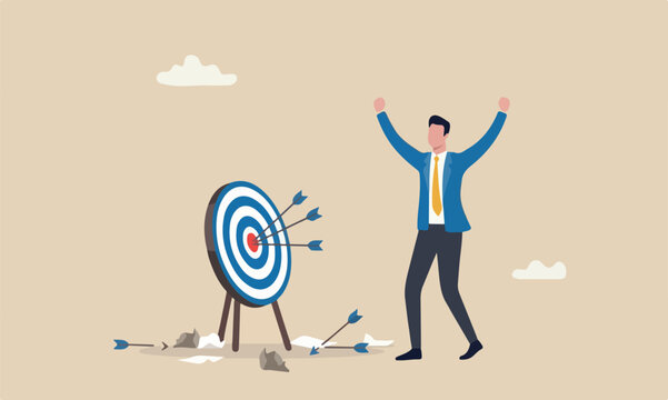 Effectiveness efficiency or cost to reach goal or target, practice until succeed concept, cheerful businessman finally hit target after too many unsuccessful tries