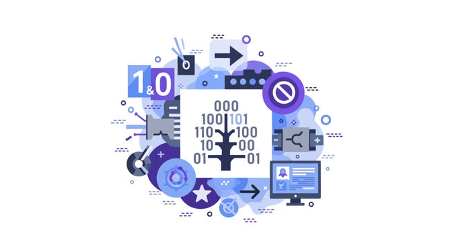 Abstract Computer Science and Data Processing Illustration with Binary Code Tree and Software Development Icons
