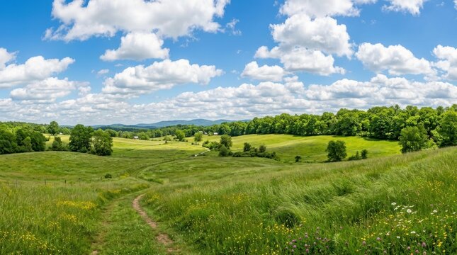 Beautiful green summer landscape with rolling hills and fluffy white clouds in a bright blue sky over the countryside