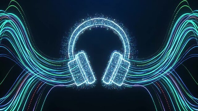 headphones logo with glowing blue particles and digital light trails