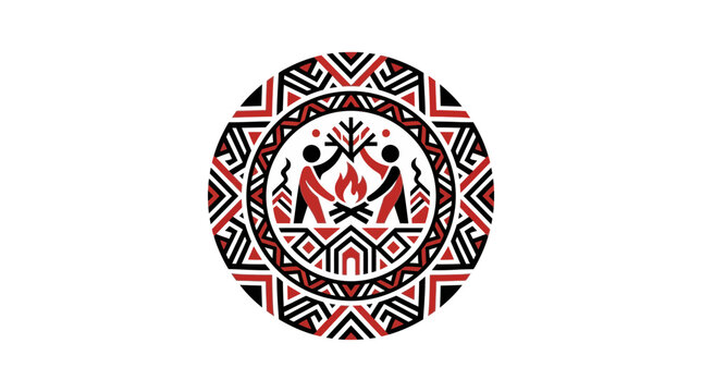 Tribal Circle Emblem: People Gather Around Campfire, Abstract Pattern