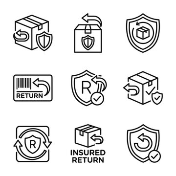 E commerce return policy and product insurance line icons set with shipping insurance delivery logistics guarantee commerce security customer
