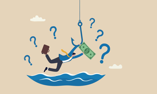 Investment risk money trap, business fraud and cheating or financial pitfall and mistake concept, businessman diving into business ocean takes a bait to the hook fishing with money dollar banknote