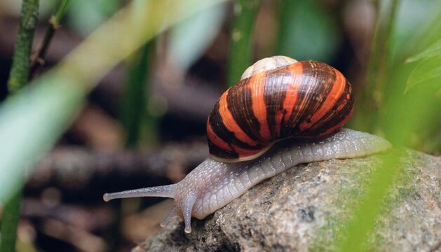 Close up of Cuban painted snail or called polymitas in the forest Alejandro de Humboldt National Park Baracoa Cuba.
