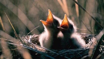 Obraz premium Close up of Pin-Tailed Whydah chicks in nest on grasslands, Southern Zambia. 
