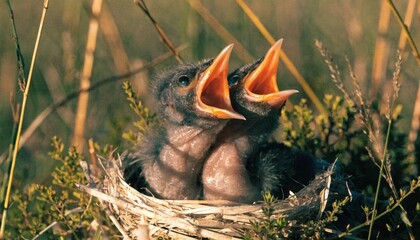 Close up of Pin-Tailed Whydah chicks in nest on grasslands, Southern Zambia.  © pinan