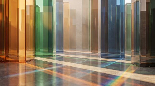Abstract art installation of colorful glass pillars casting vibrant light and shadow patterns on marble floor, modern interior design concept.