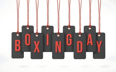 Boxing day tags hanging on red strings