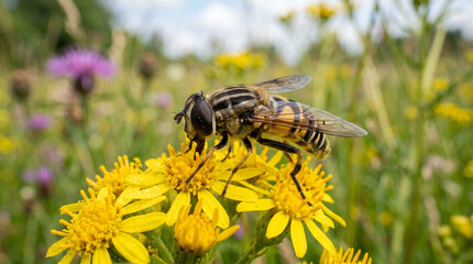 Helophilus pendulus is European hoverfly, sits and collects nectar on yellow flower among summer meadow. View macro Insect in wildlife.  © pinan