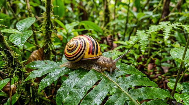 Close up of Cuban painted snail or called polymitas in the forest Alejandro de Humboldt National Park Baracoa Cuba.
