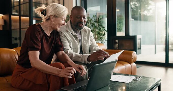 Happy, finance and couple with laptop in home for budget planning, report or expenses together. Interracial relationship, man and mature woman with documents for financial audit or typing on computer