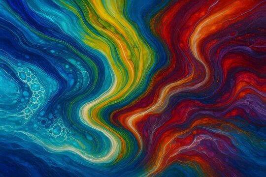 featuring glowing mineral-inspired pigments blending into dramatic flowing formations. Brilliant cobalt blue, aqua, chartreuse, amber, crimson, violet, teal, and pearl white create layered fluid ribbo