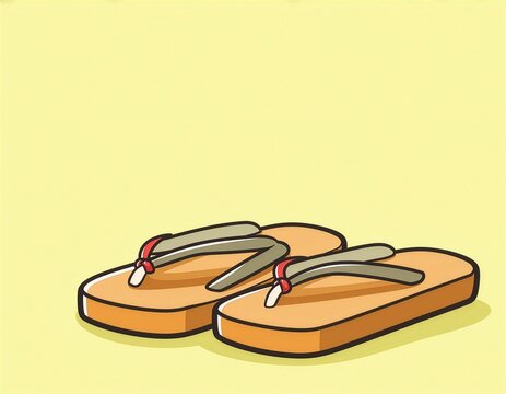 Traditional Japanese style sandals illustration on yellow background. Casual summer footwear drawing for cultural and travel design concepts