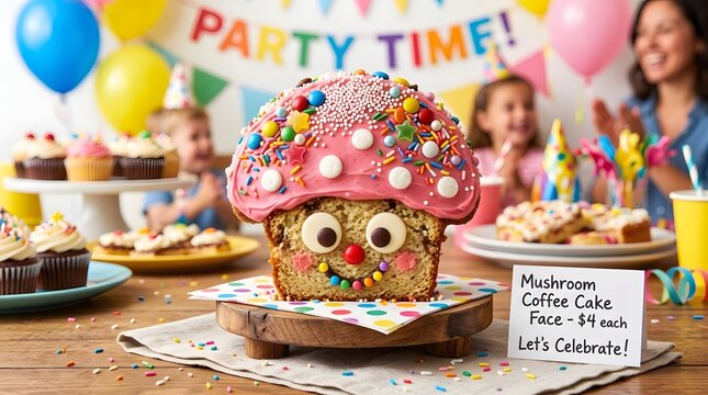 Colorful coffee cake with character face at birthday party