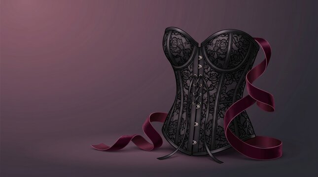 Black lace corset with dark velvet ribbon fashion accessory illustration