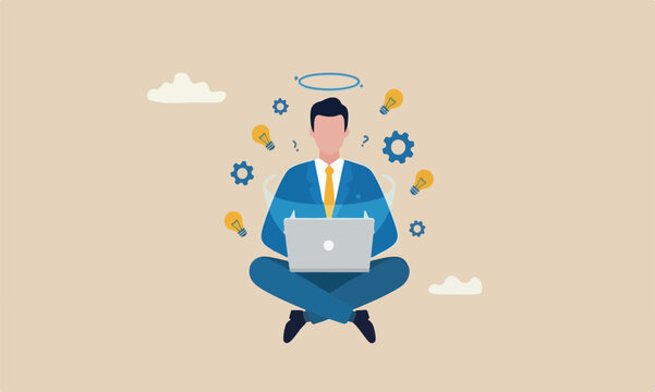 Business guru or, consultant, smart thinking to solve problem concept, genius businessman sitting meditate working with computer laptop floating in the air
