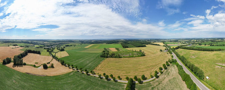 Aerial Panoramic View of Agricultural Farmland and Countryside in Bastogne, Belgi&euml;