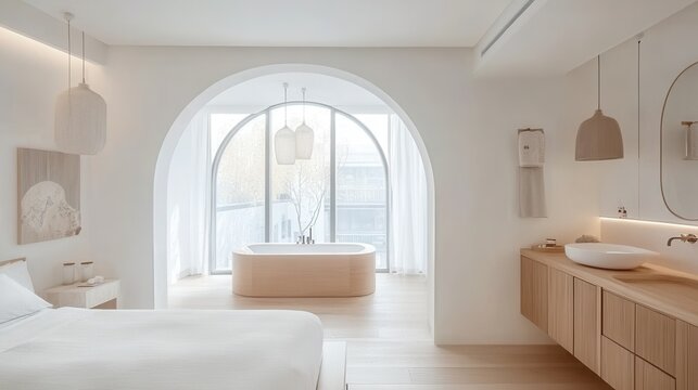 Minimalist bedroom with ensuite bathroom and bathtub.