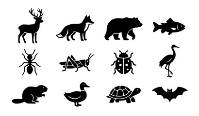 Wild Forest Animal Black Silhouette Vector Set Featuring Deer Wolf Bear Birds Turtle and Bat © Madhobe