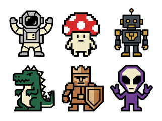 Fototapeta premium A Set Of Six Pixel Art Gaming Character Icons Including Astronaut Mushroom Robot Dinosaur Knight And Alien In Retro Pixelated Style For Vector Illustration