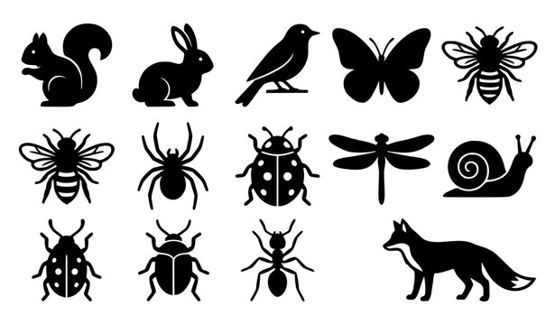 Woodland Animals Birds Insects and Butterfly Black Silhouette Vector Icon Collection Isolated on White Background