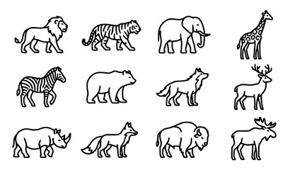 Hand Drawn Wild Animal Outline Icon Set Including Lion Tiger Elephant Zebra Giraffe and Deer © Madhobe