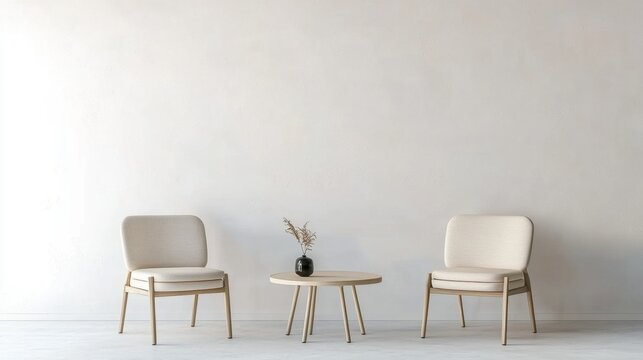 Two chairs and a table with a vase of dried flowers