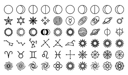 Celestial symbol icon collection featuring moon phases, stars, zodiac signs, galaxies, and astronomy elements isolated © Madhobe